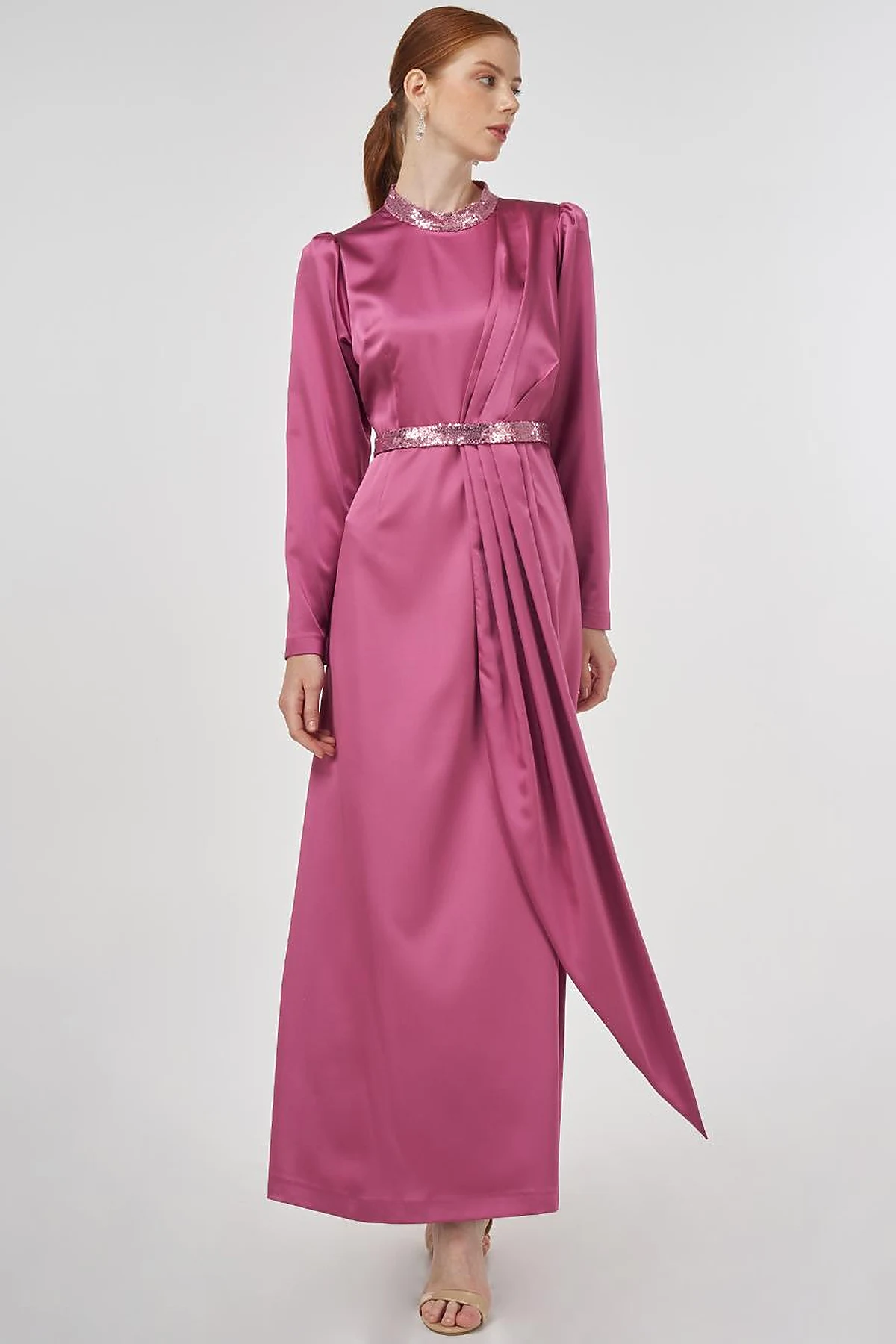 Embroidered Satin Draped Dress in Dusty Rose 