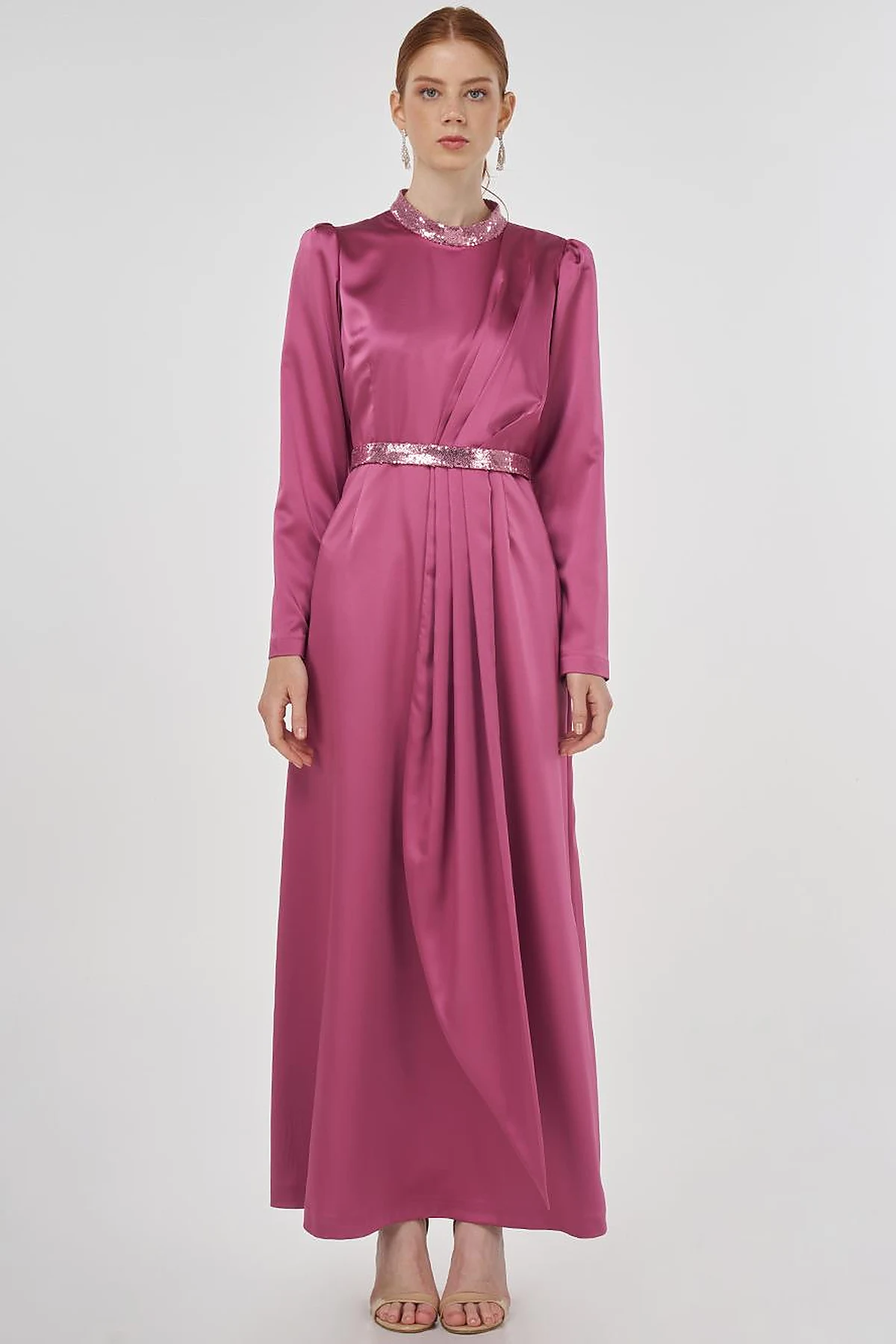 Embroidered Satin Draped Dress in Dusty Rose 