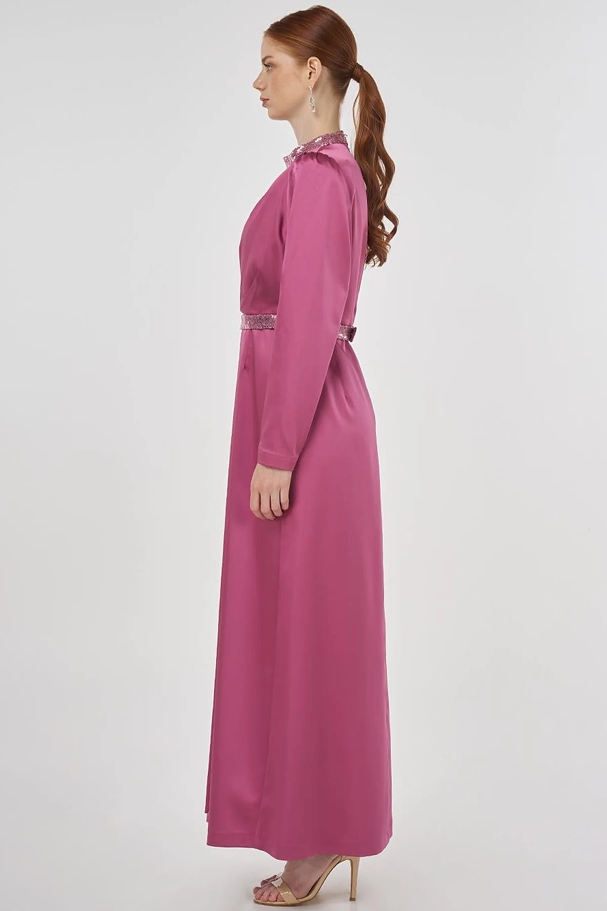 Embroidered Satin Draped Dress in Dusty Rose 