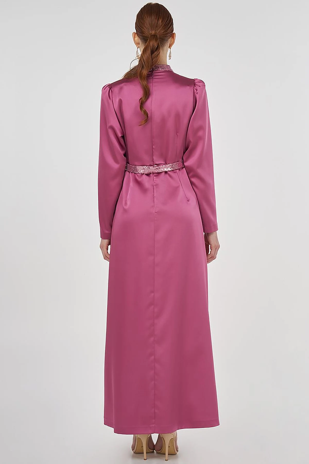 Embroidered Satin Draped Dress in Dusty Rose 