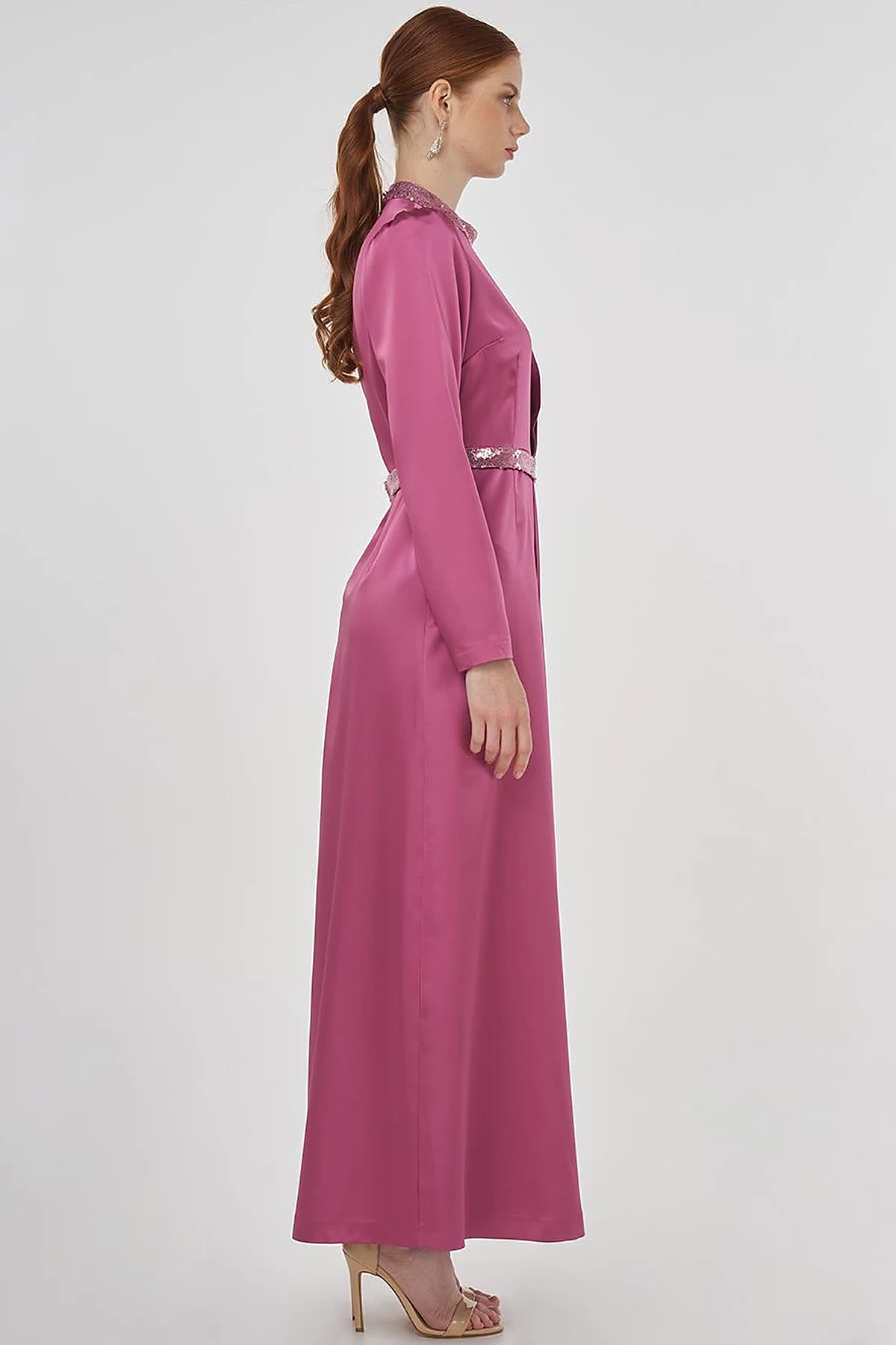 Embroidered Satin Draped Dress in Dusty Rose 
