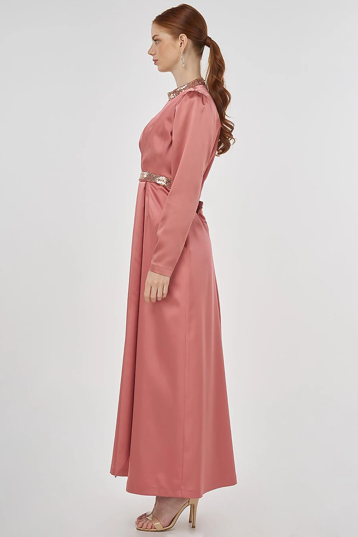 Embroidered Satin Draped Dress in Rose Gold