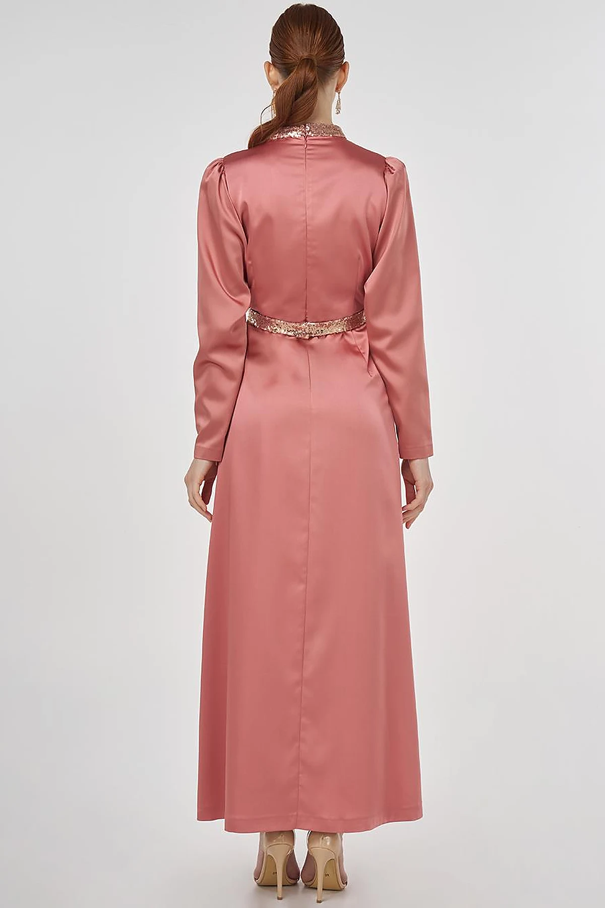 Embroidered Satin Draped Dress in Rose Gold