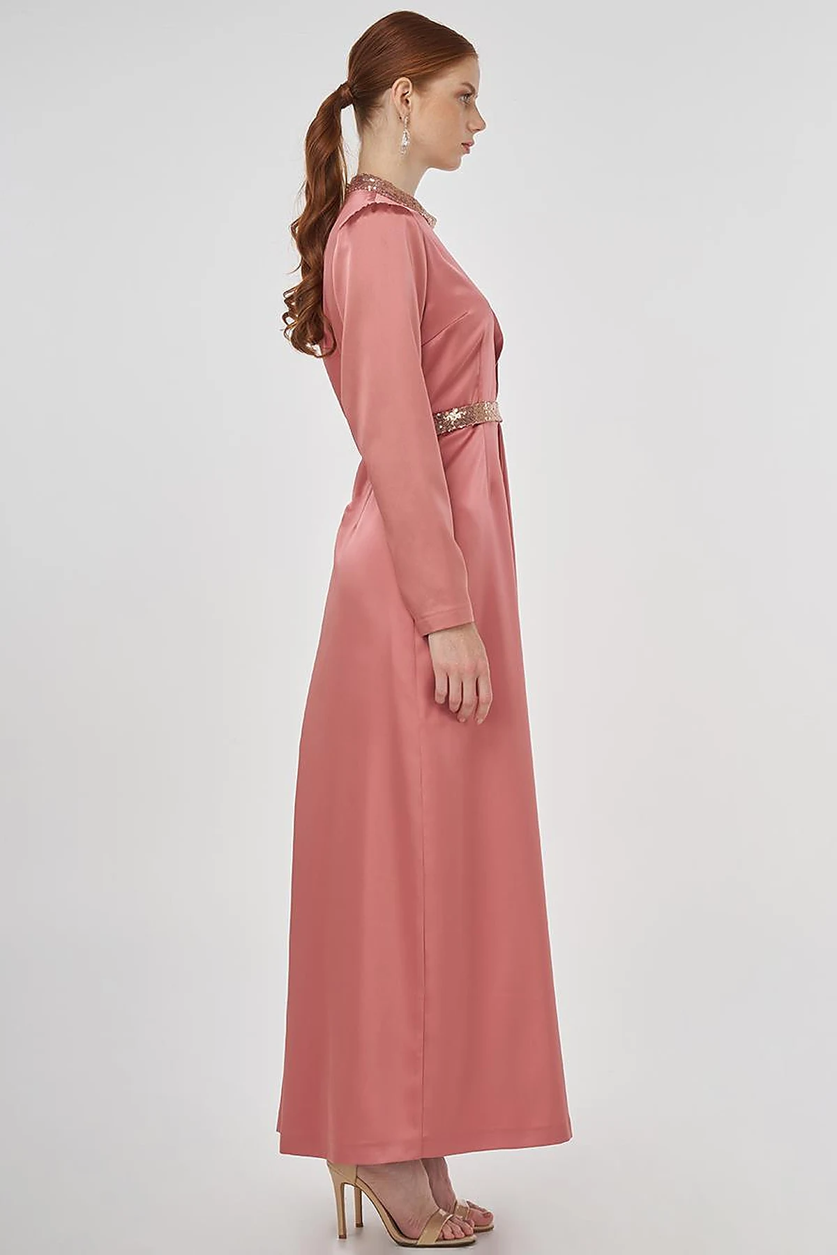 Embroidered Satin Draped Dress in Rose Gold