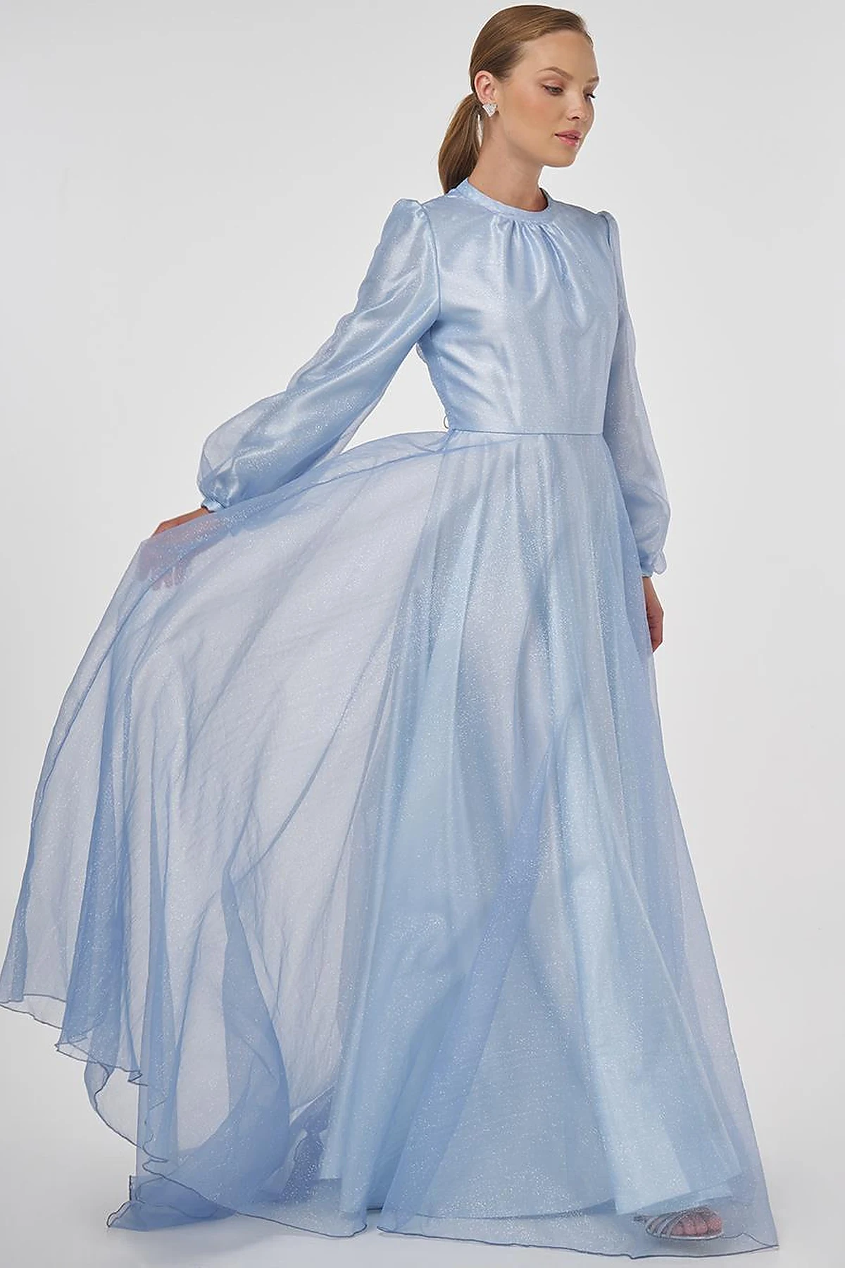 Glitter Evening Dress with Tulle Overlay - Air Force Blue