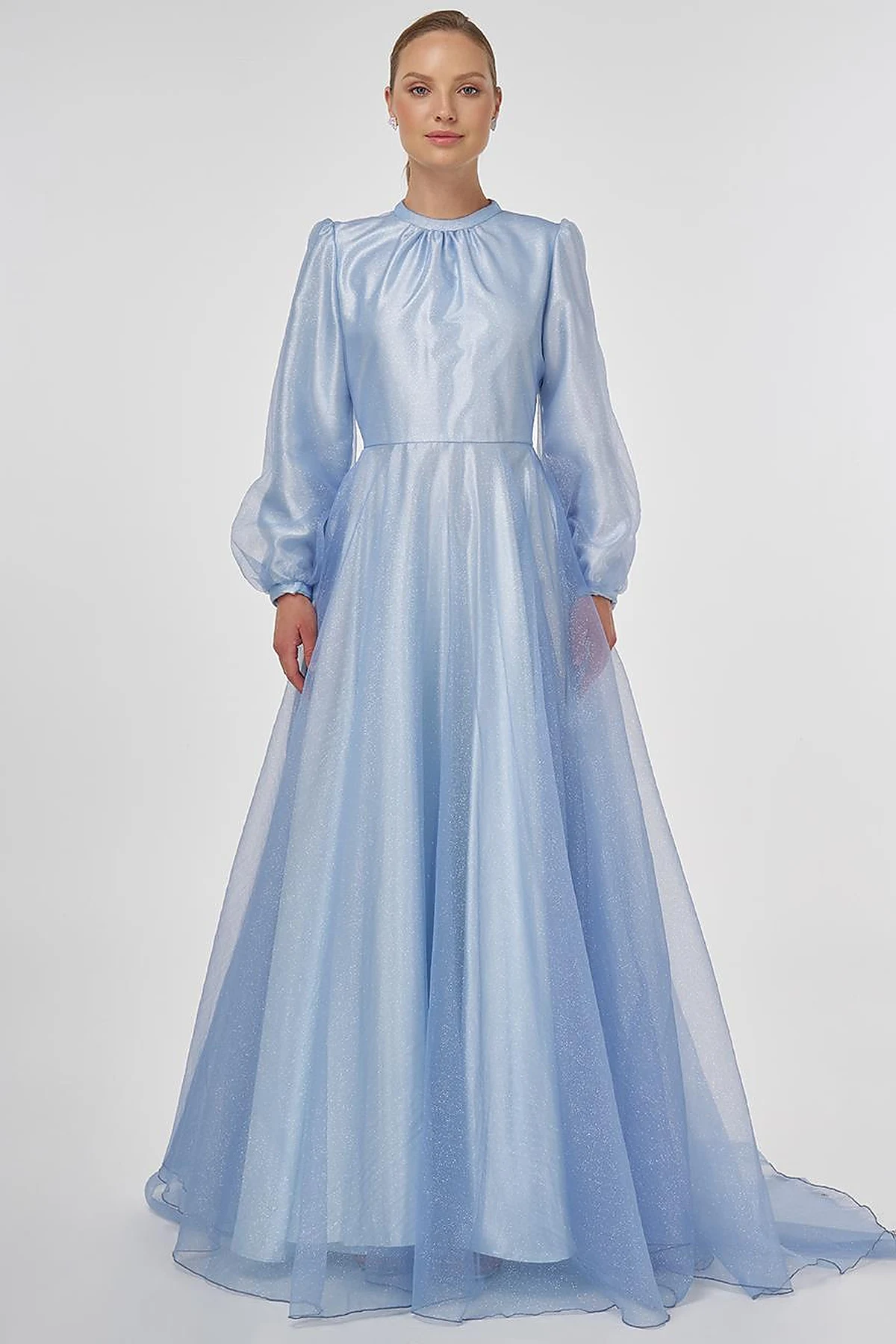 Glitter Evening Dress with Tulle Overlay - Air Force Blue