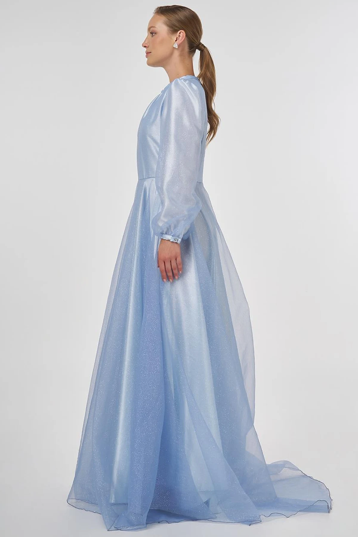 Glitter Evening Dress with Tulle Overlay - Air Force Blue