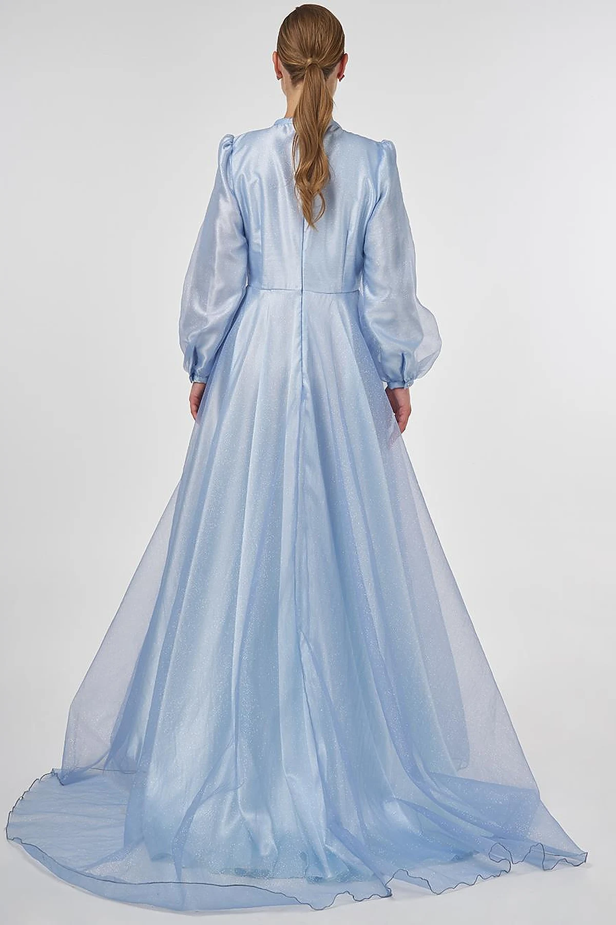 Glitter Evening Dress with Tulle Overlay - Air Force Blue