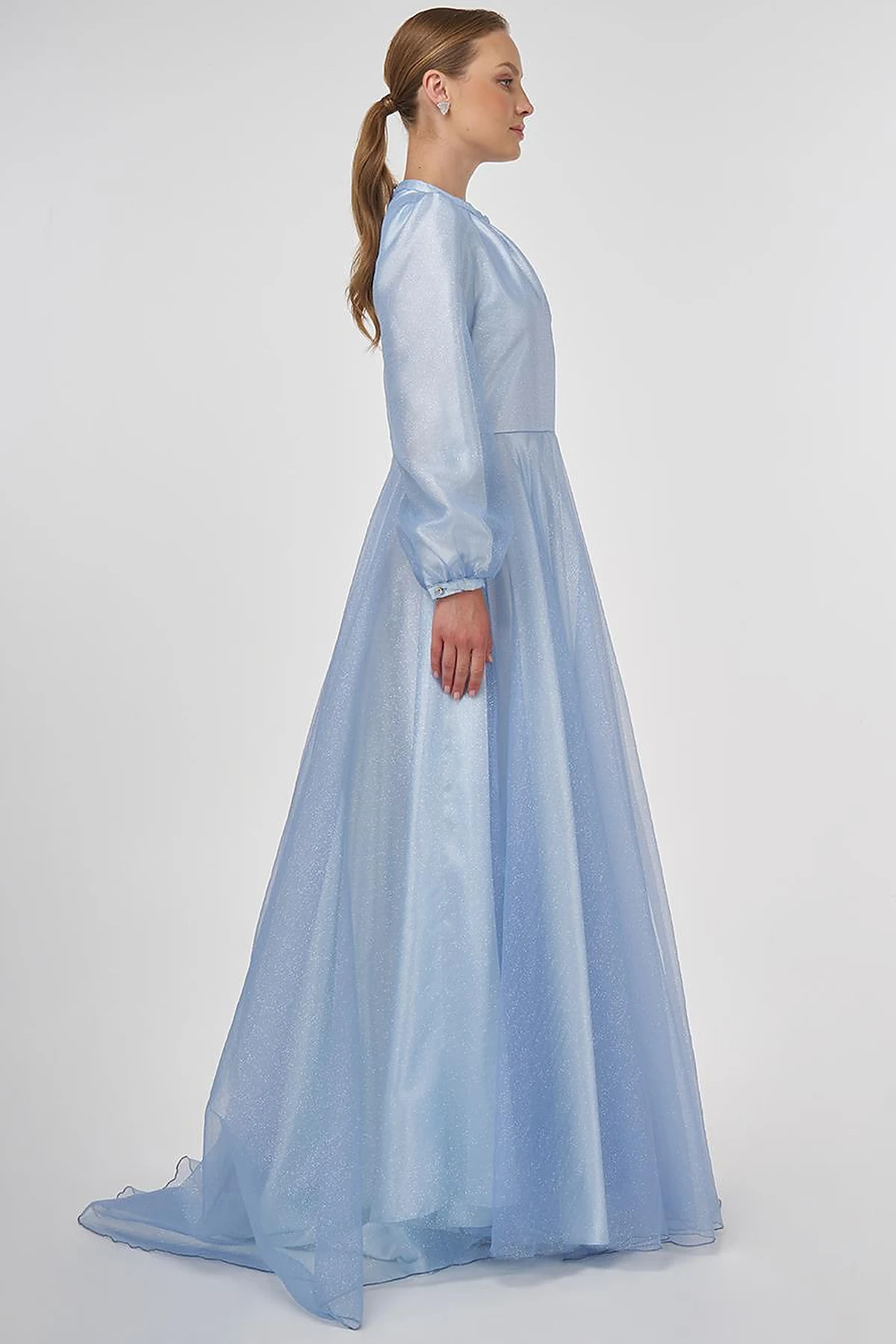 Glitter Evening Dress with Tulle Overlay - Air Force Blue