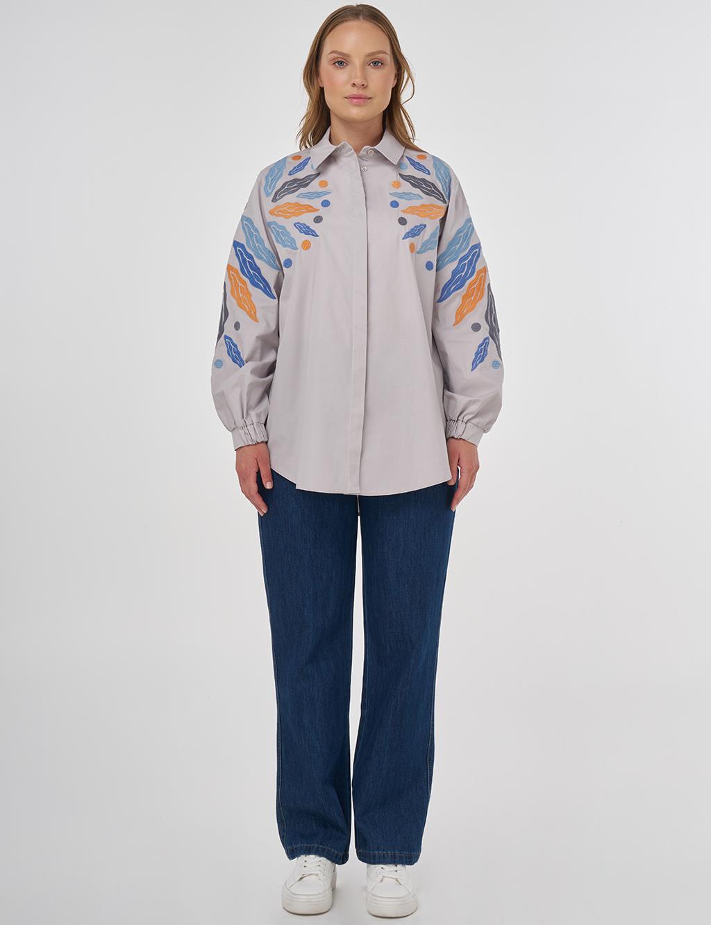 Embroidered Cotton Tunic in Light Grey