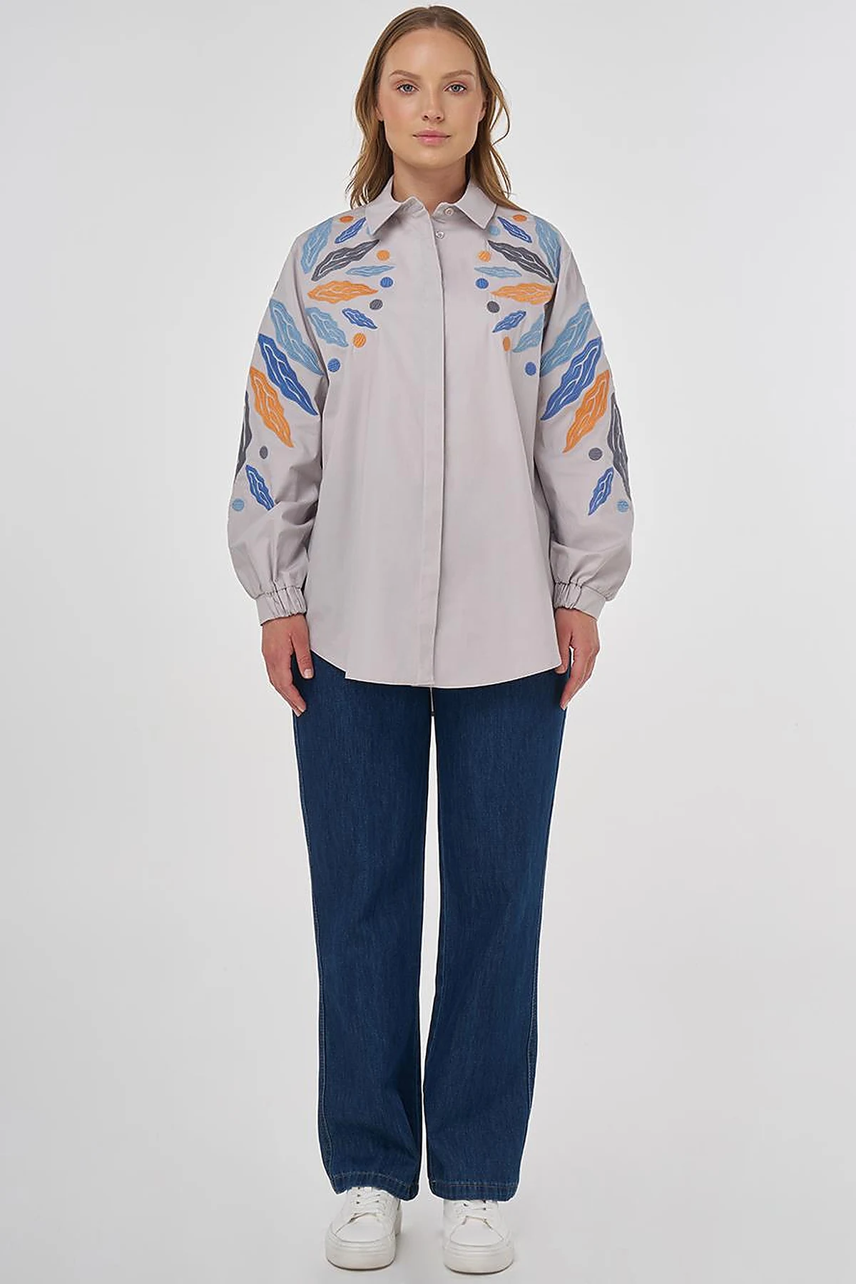 Embroidered Cotton Tunic in Light Grey