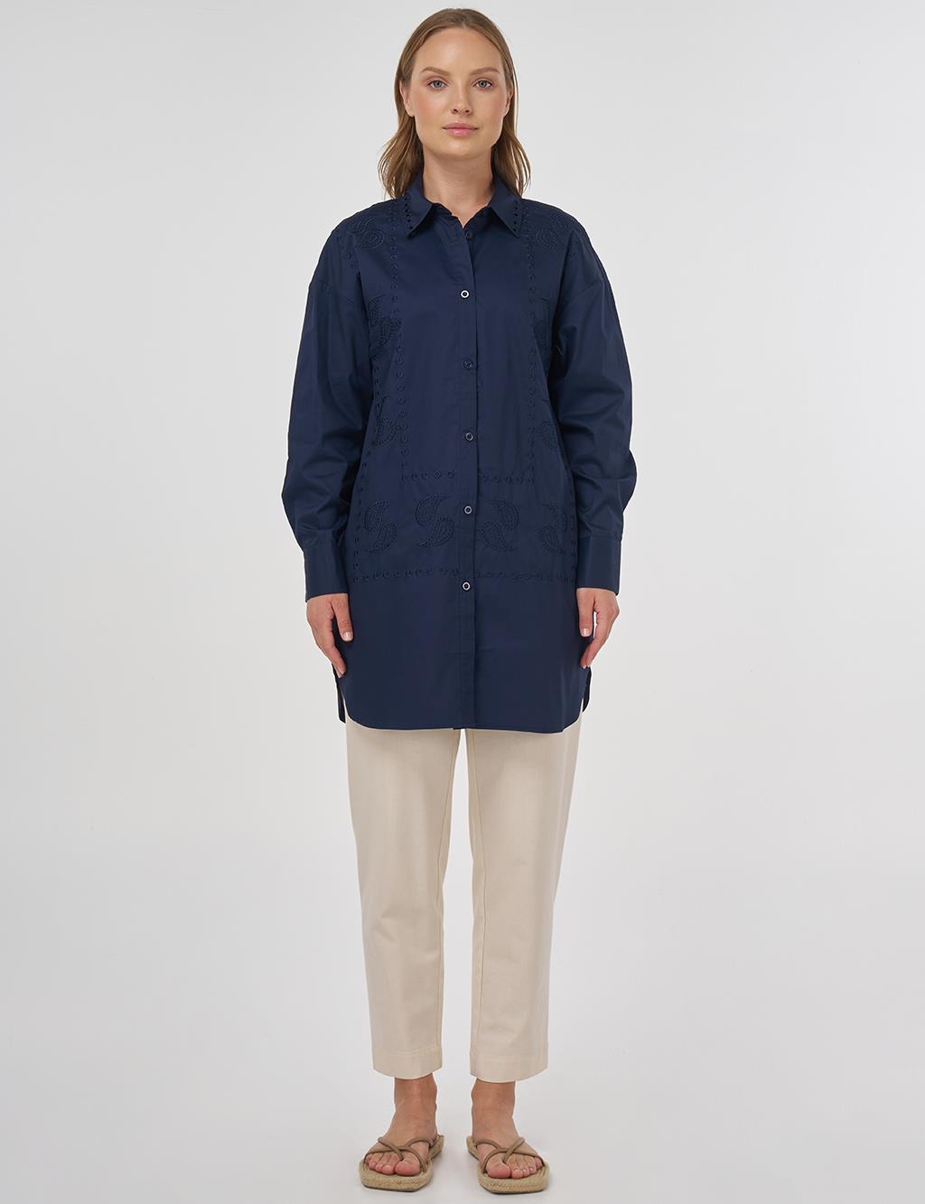 Embroidered Shirt Collar Tunic in Navy 