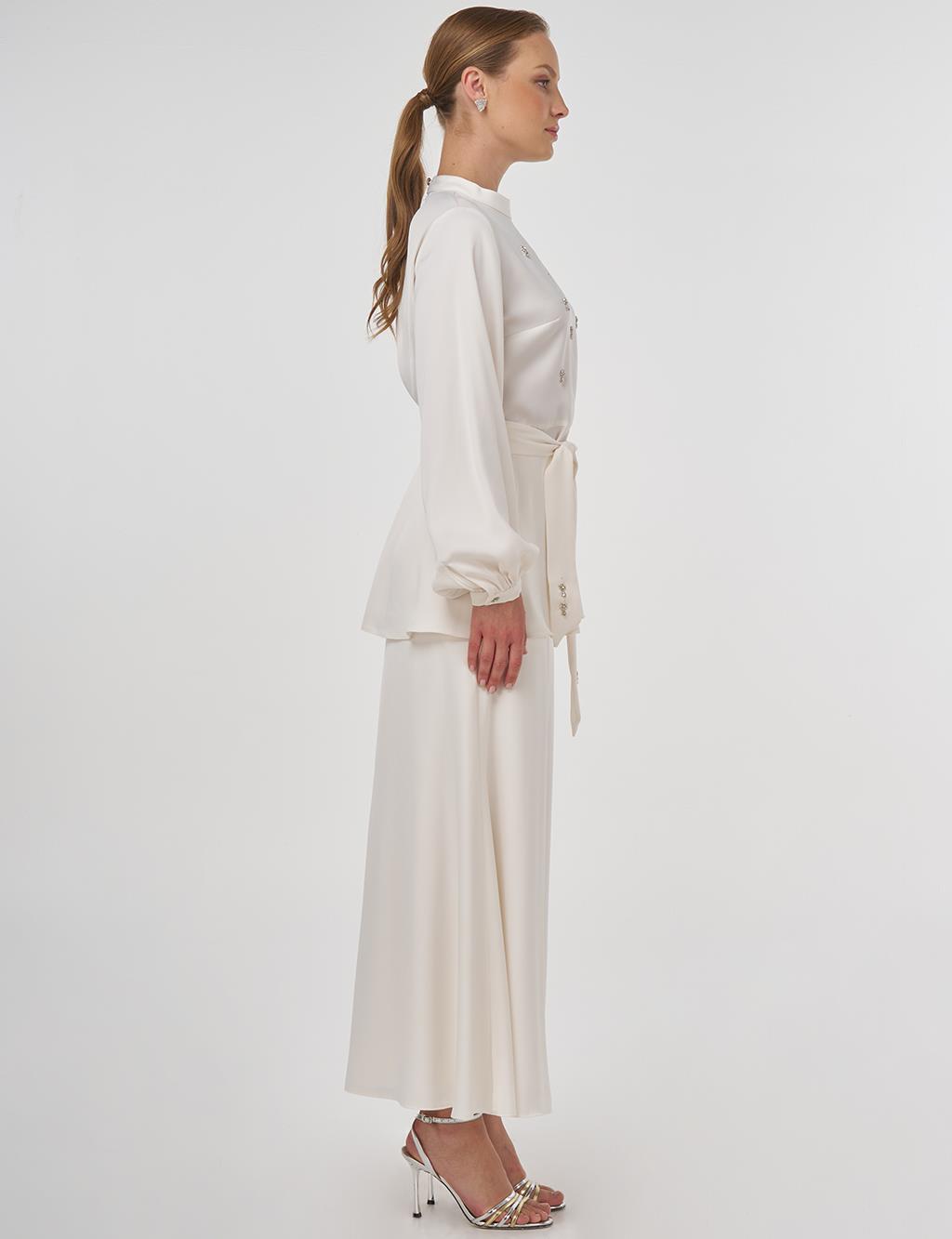 Stone-Embroidered Skirted Two-Piece Set - Ecru