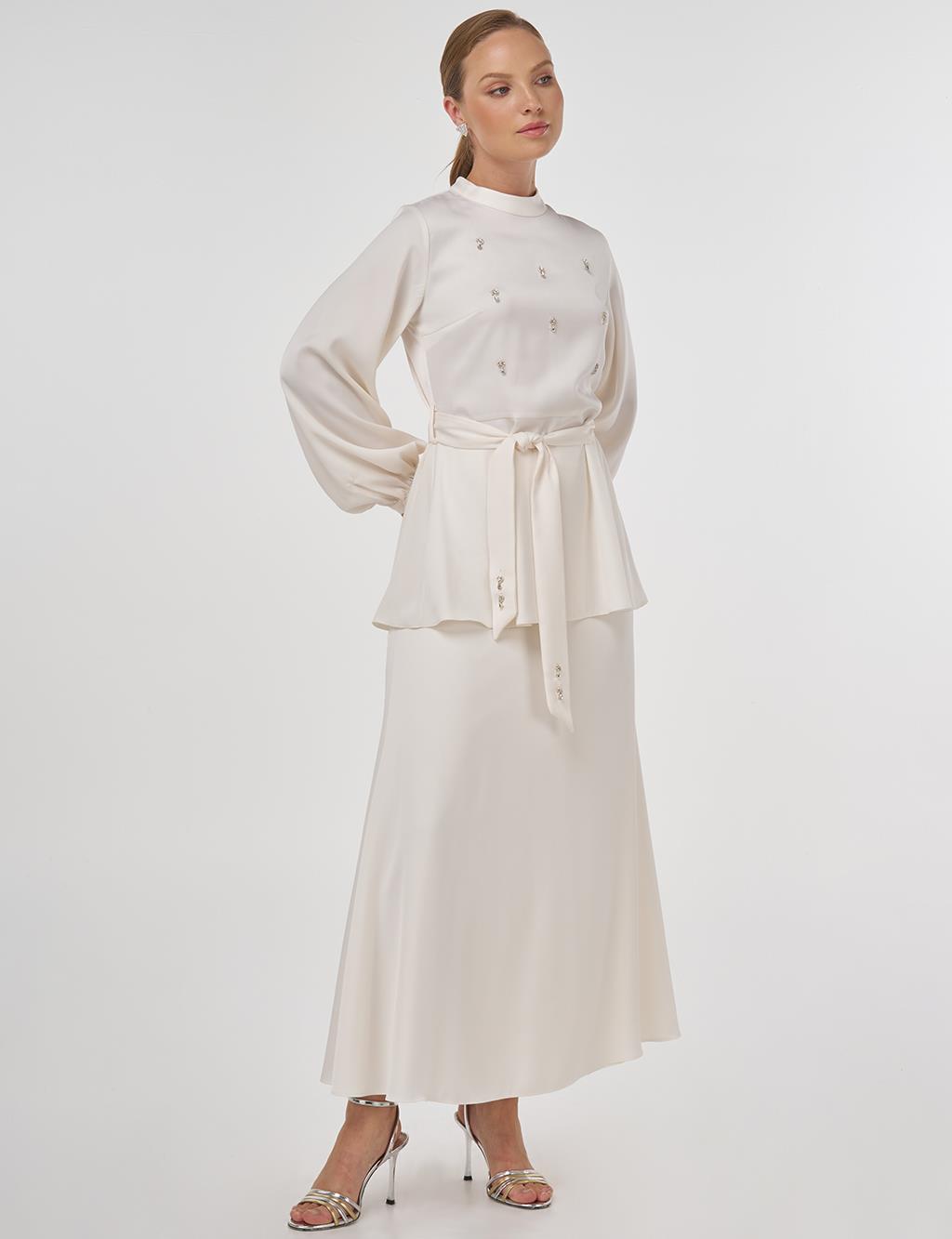 Stone-Embroidered Skirted Two-Piece Set - Ecru
