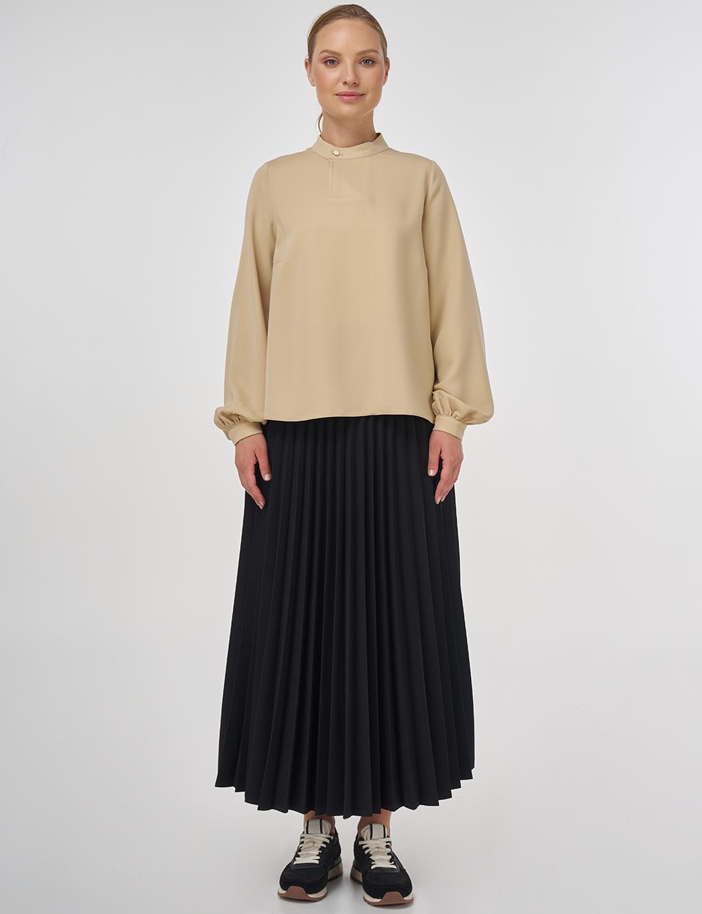 Button-Detail Viscose Blouse –Beige