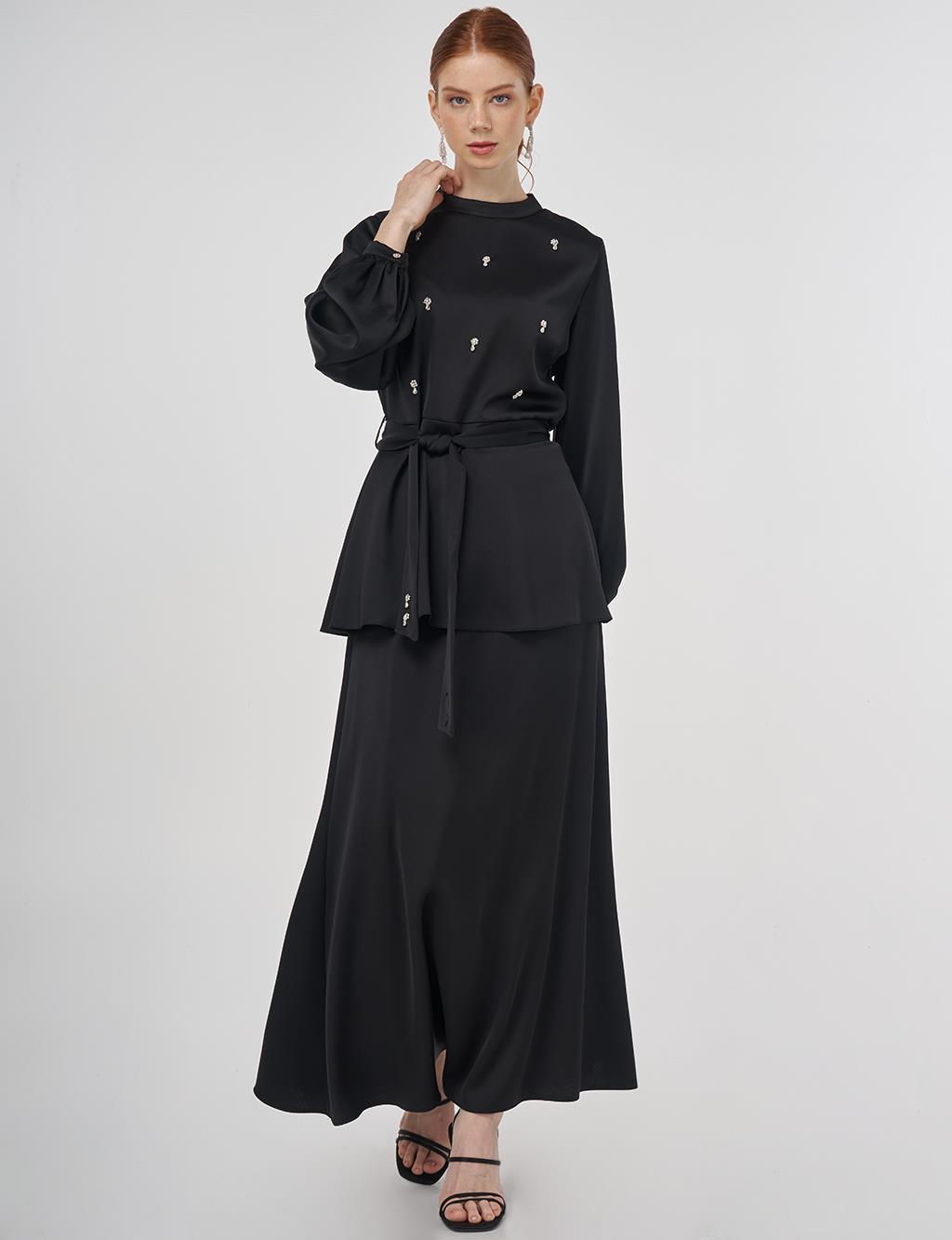 Stone-Embroidered Skirted Two-Piece Set - Black 