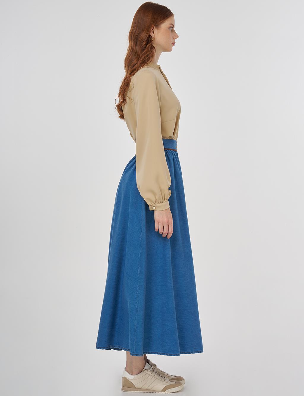 Embroidered Lyocell Flared Skirt Blue