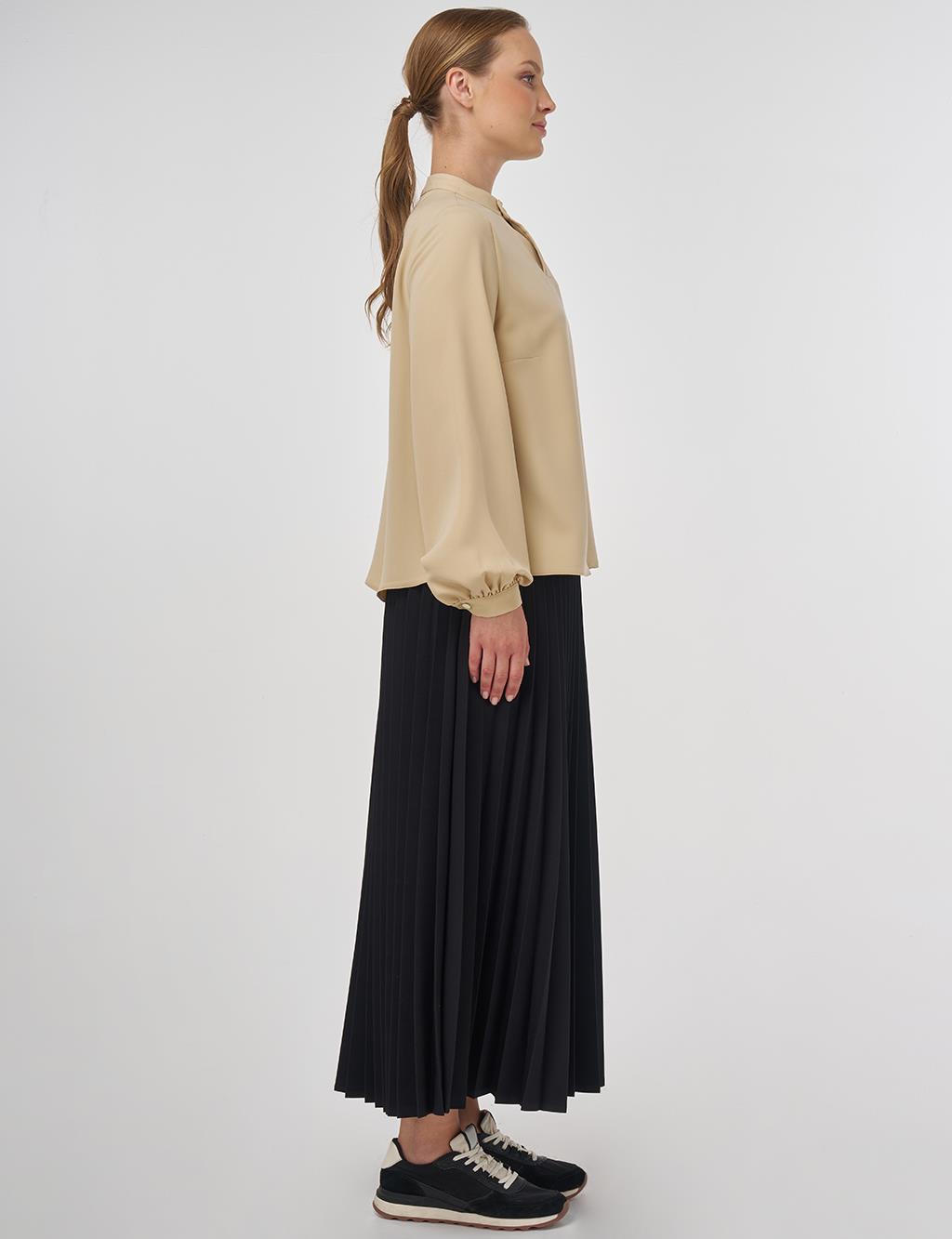 Button-Detail Viscose Blouse –Beige