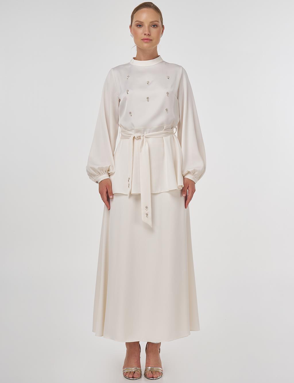 Stone-Embroidered Skirted Two-Piece Set - Ecru