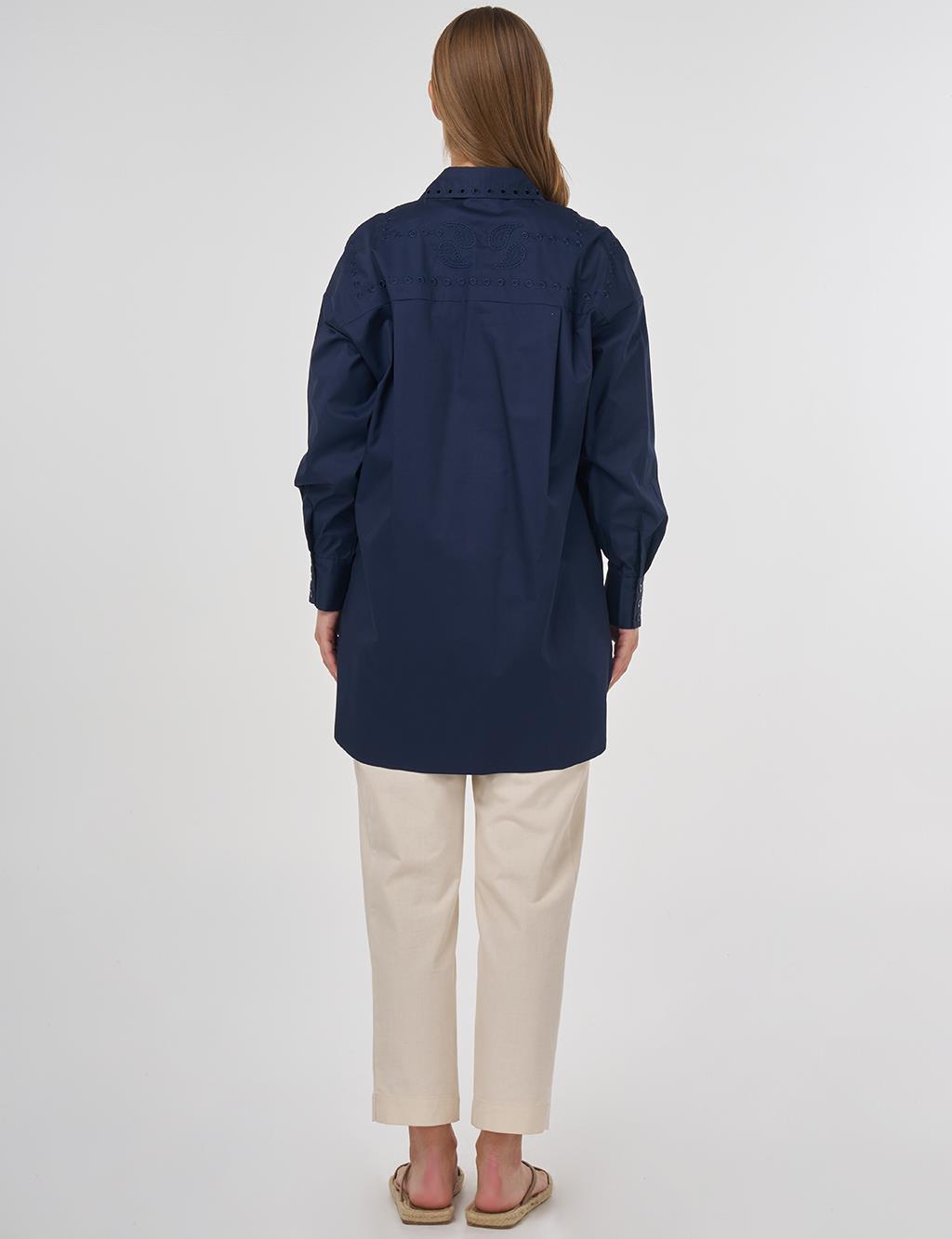 Embroidered Shirt Collar Tunic in Navy 