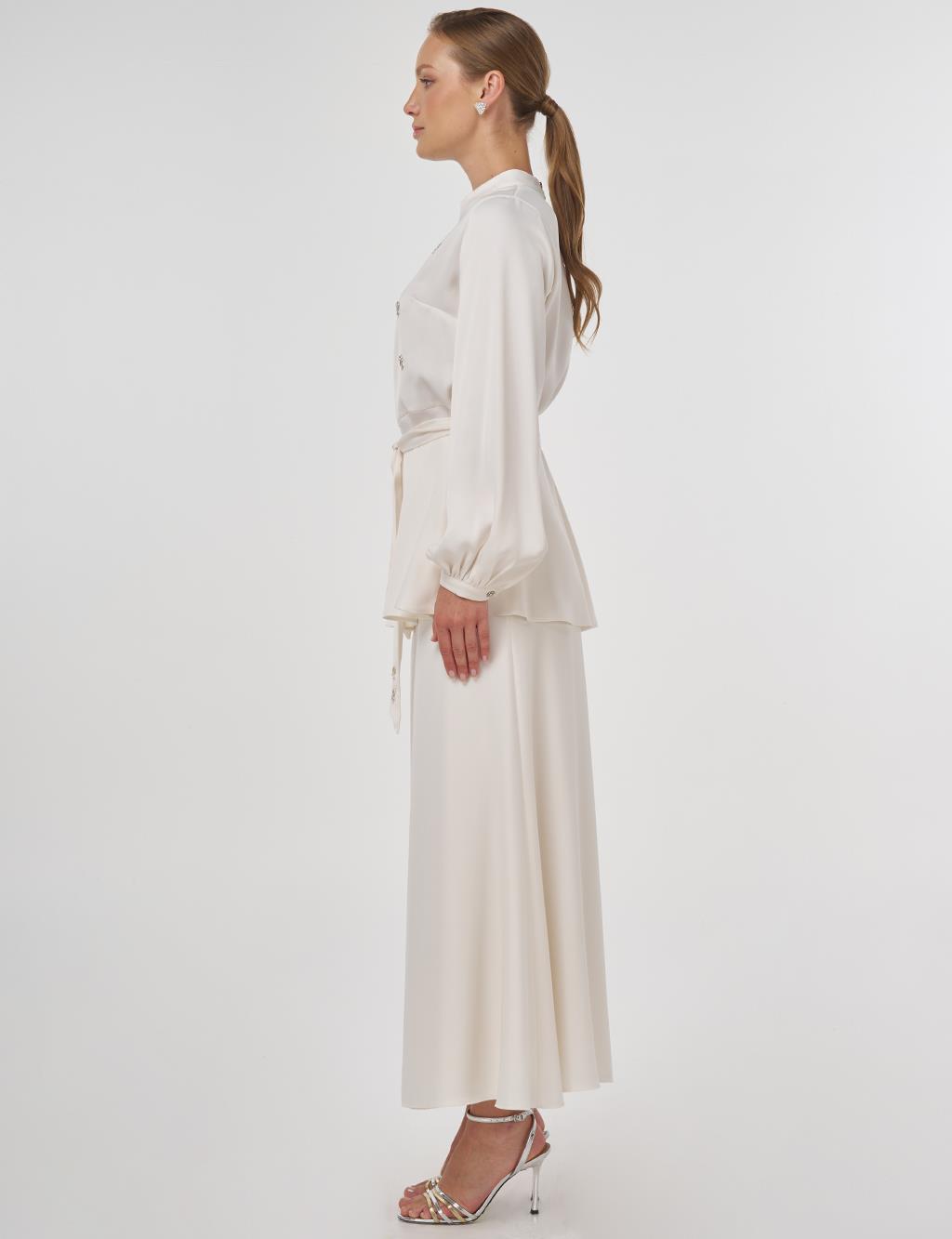 Stone-Embroidered Skirted Two-Piece Set - Ecru