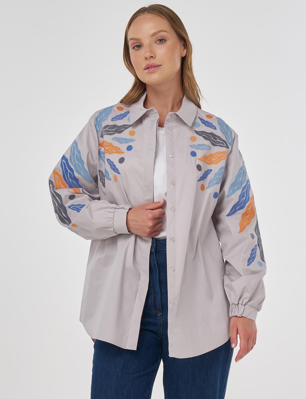 Embroidered Cotton Tunic in Light Grey