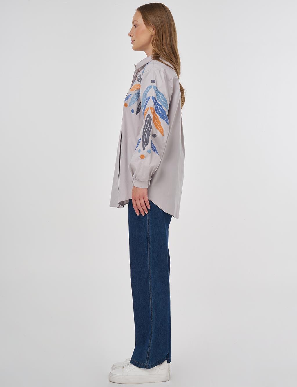 Embroidered Cotton Tunic in Light Grey