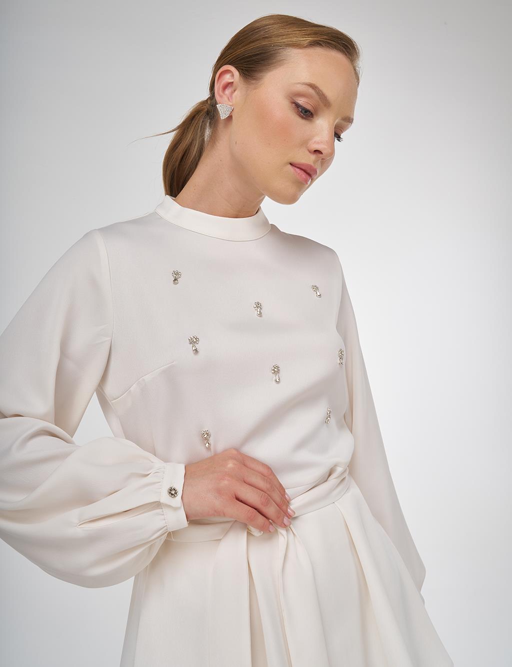Stone-Embroidered Skirted Two-Piece Set - Ecru