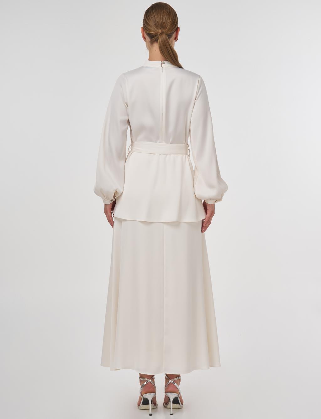 Stone-Embroidered Skirted Two-Piece Set - Ecru