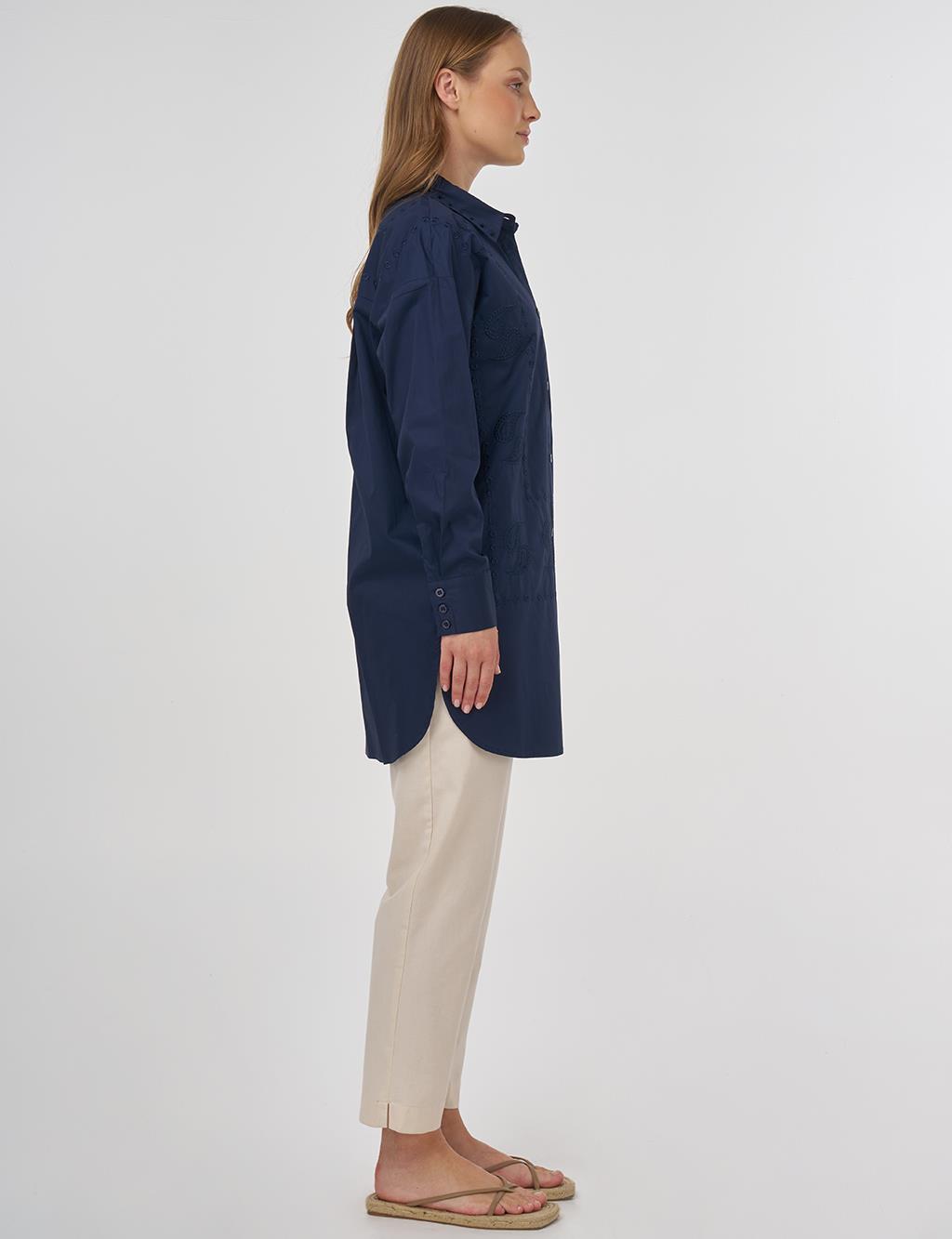 Embroidered Shirt Collar Tunic in Navy 