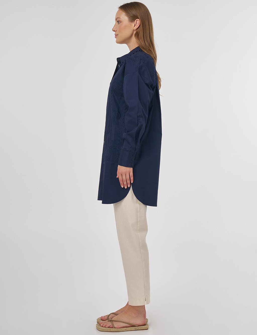 Embroidered Shirt Collar Tunic in Navy 