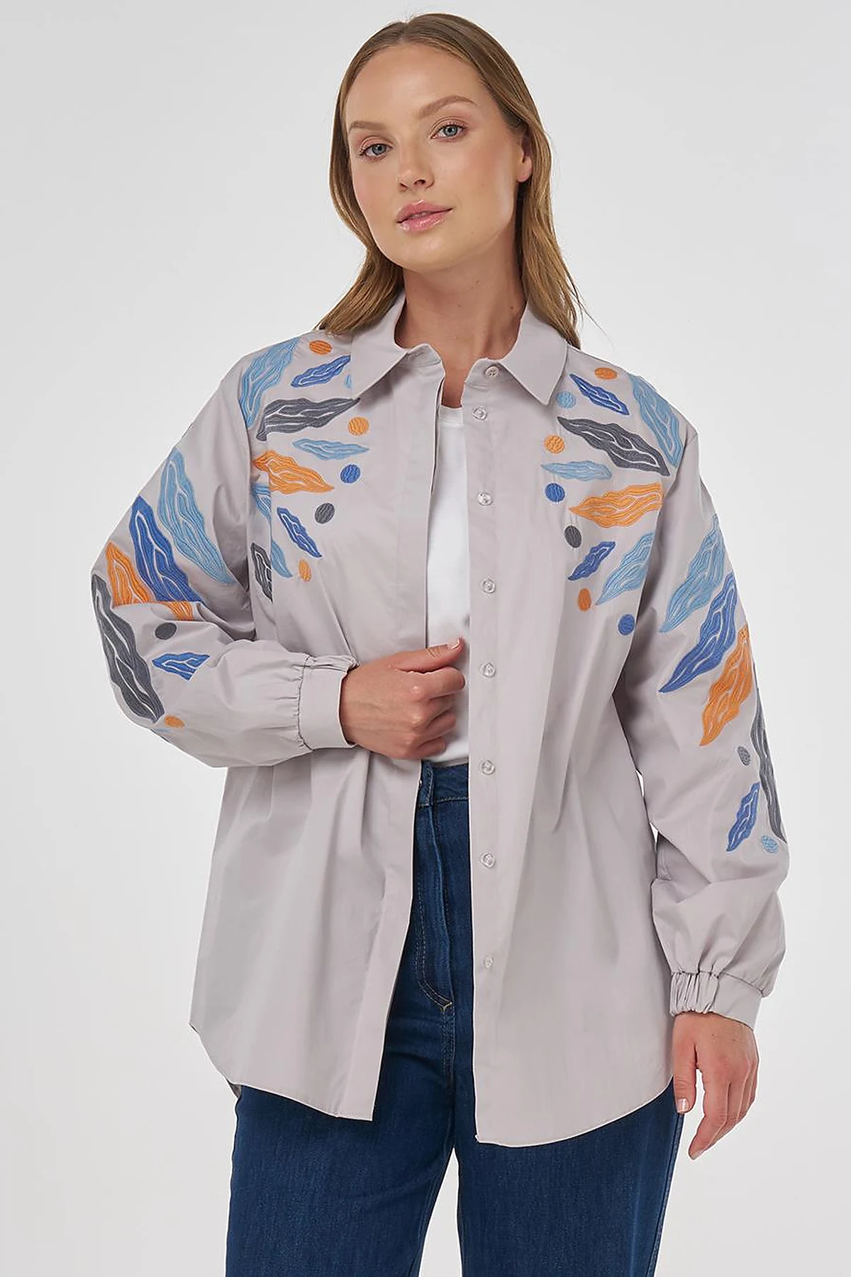 Embroidered Cotton Tunic in Light Grey