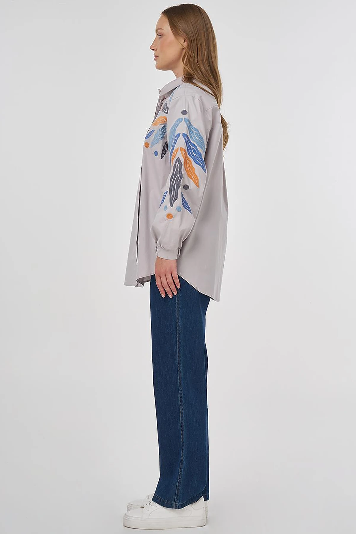 Embroidered Cotton Tunic in Light Grey
