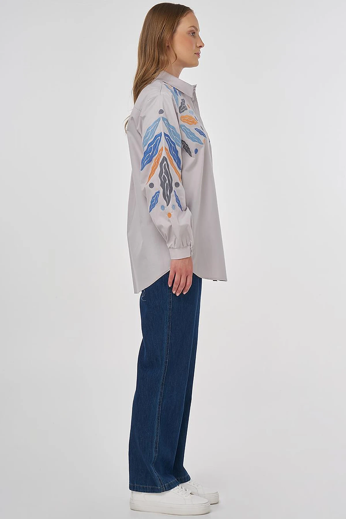 Embroidered Cotton Tunic in Light Grey