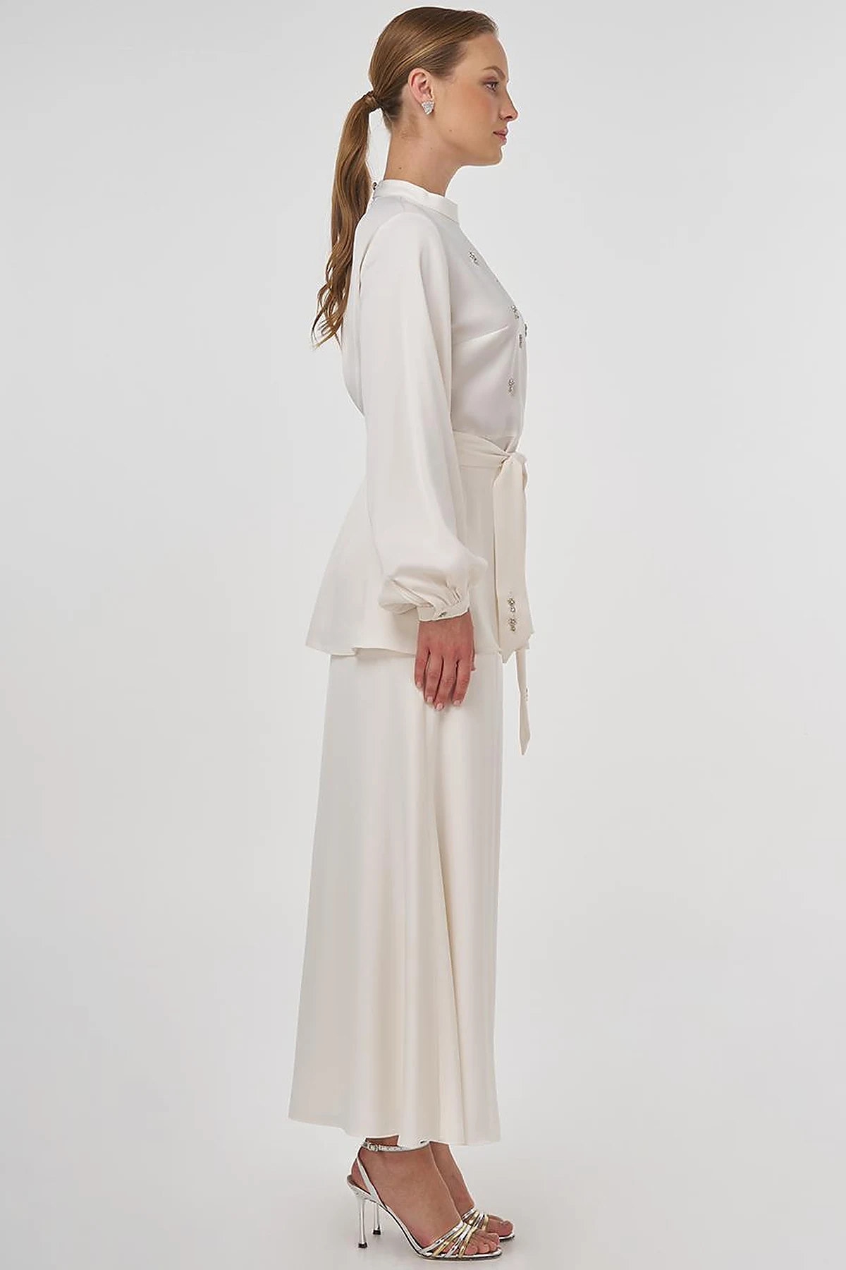 Stone-Embroidered Skirted Two-Piece Set - Ecru