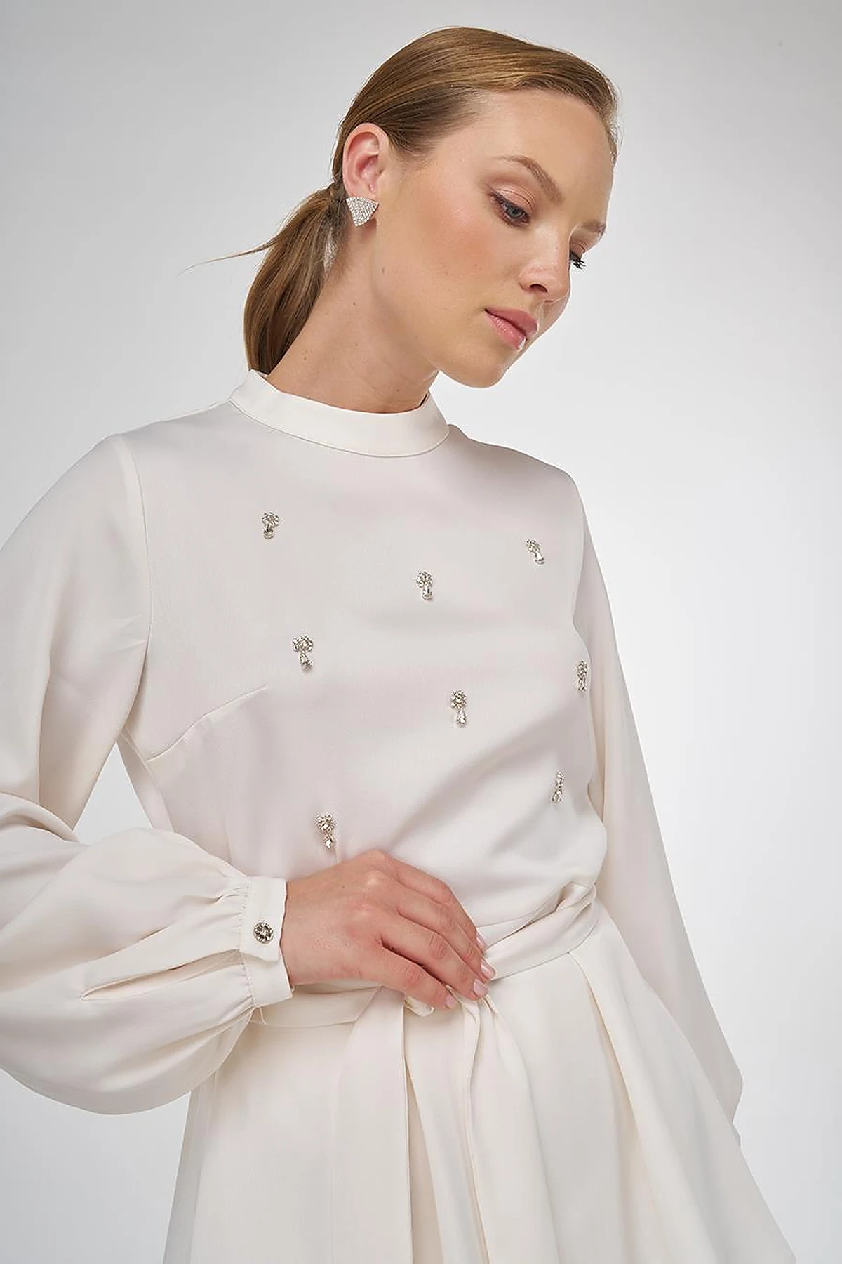 Stone-Embroidered Skirted Two-Piece Set - Ecru
