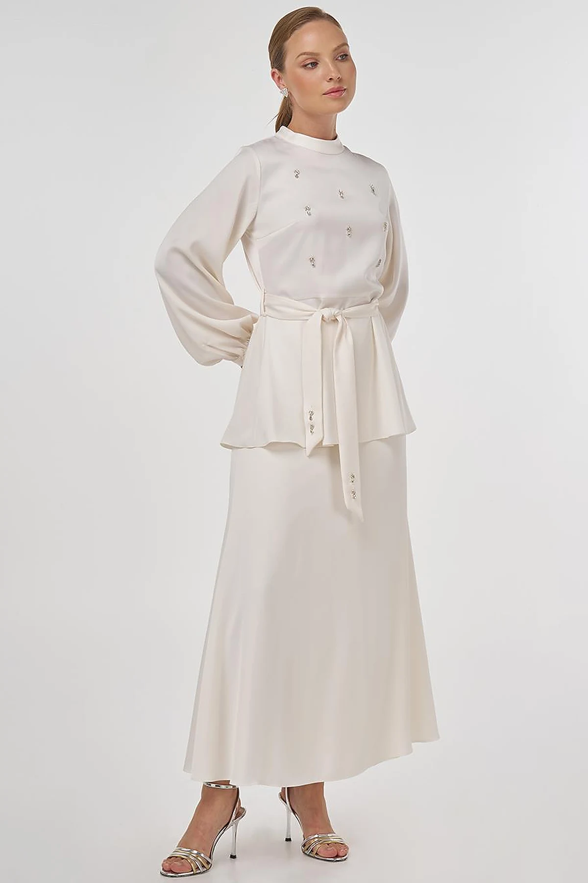 Stone-Embroidered Skirted Two-Piece Set - Ecru