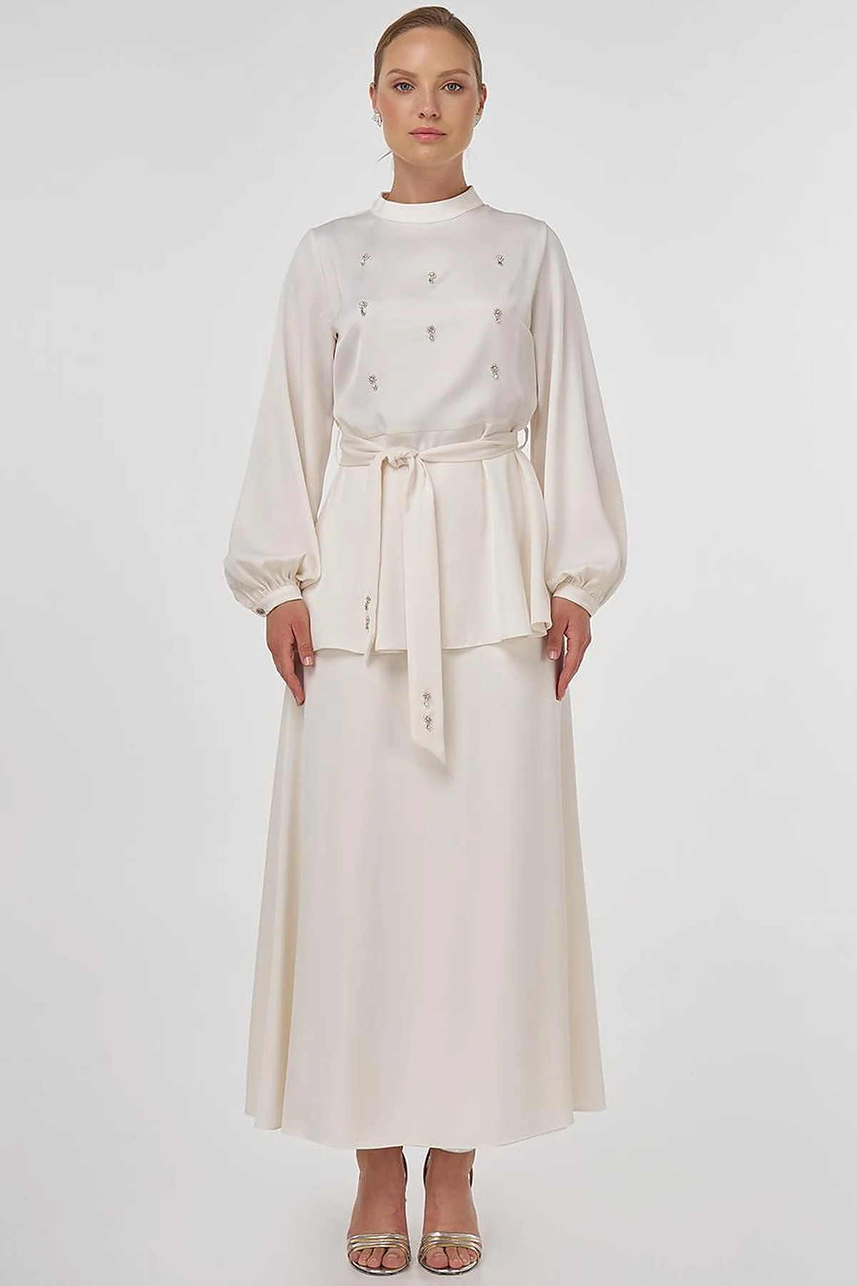 Stone-Embroidered Skirted Two-Piece Set - Ecru