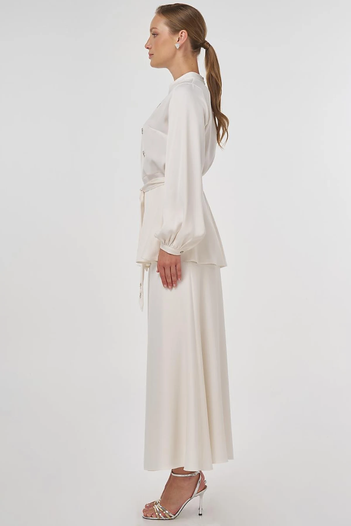Stone-Embroidered Skirted Two-Piece Set - Ecru