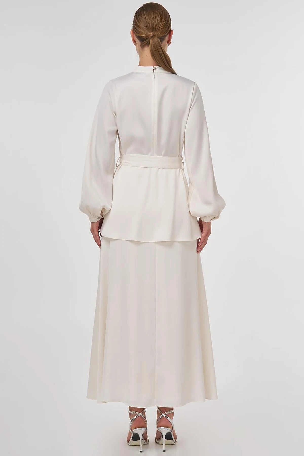 Stone-Embroidered Skirted Two-Piece Set - Ecru