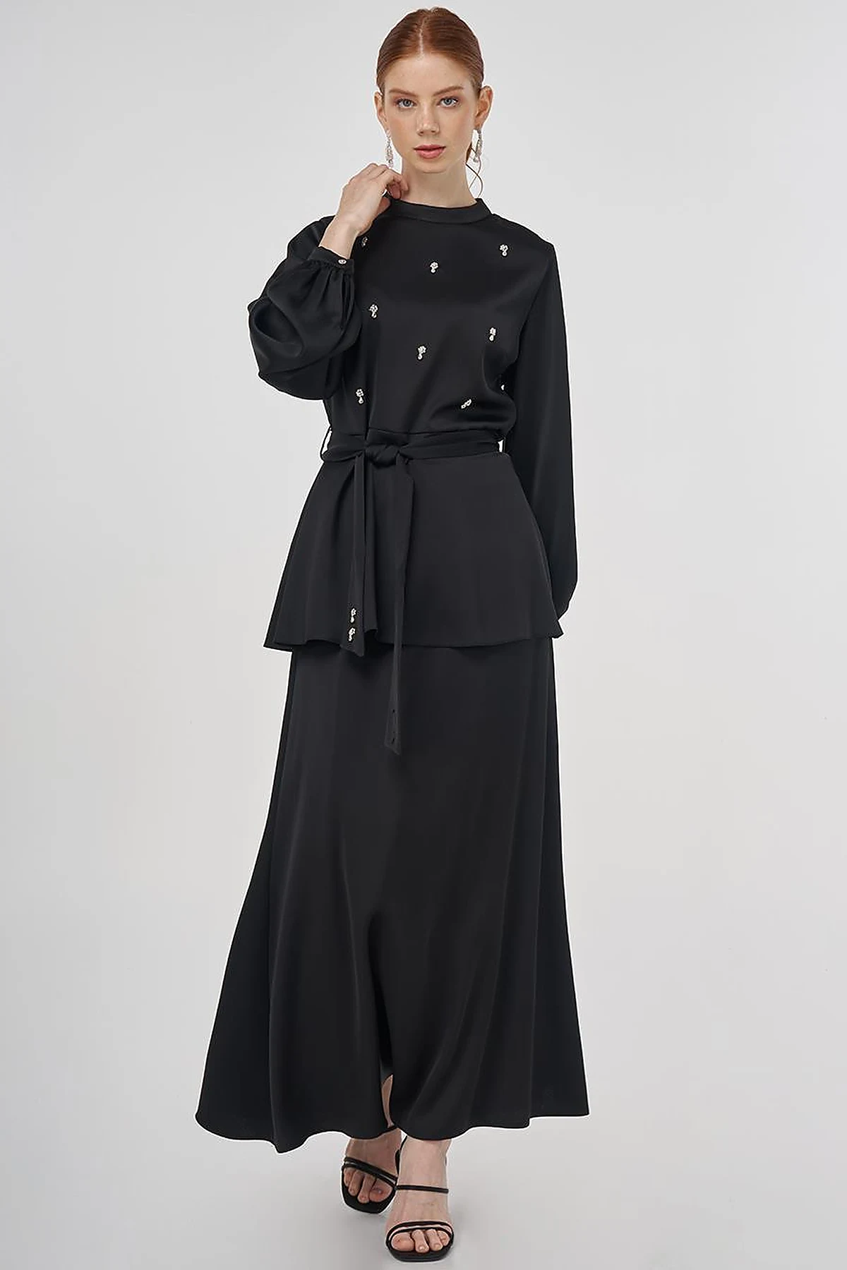 Stone-Embroidered Skirted Two-Piece Set - Black 