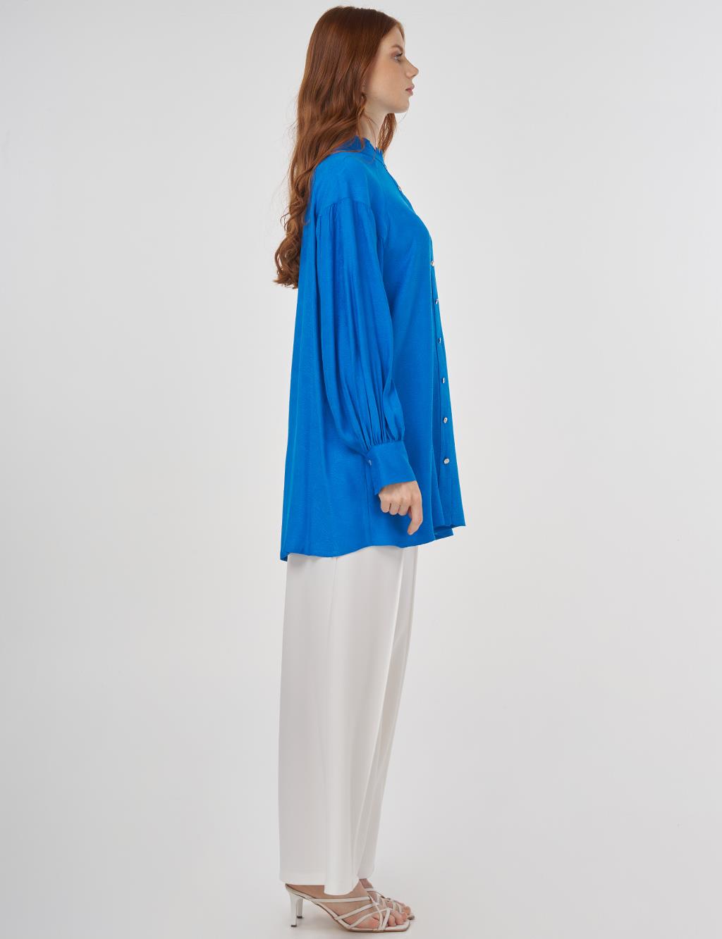 Ruffled Collar Viscose Tunic Cobalt Blue