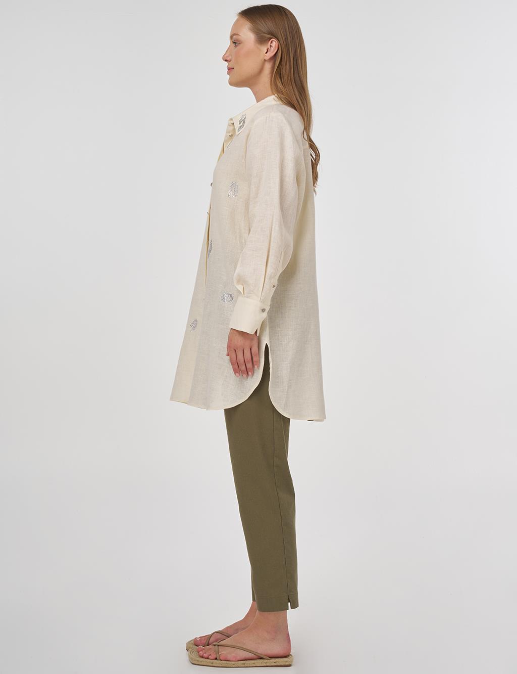 100% Linen Hotfix Printed Tunic Cream 