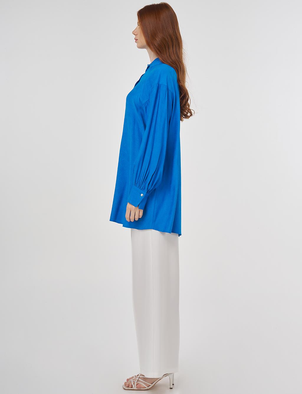 Ruffled Collar Viscose Tunic Cobalt Blue