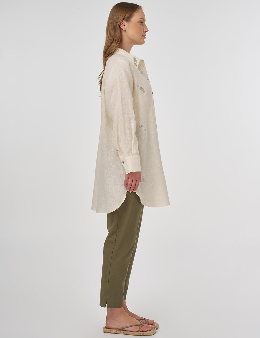 100% Linen Hotfix Printed Tunic Cream 