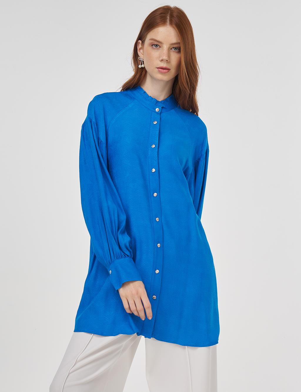 Ruffled Collar Viscose Tunic Cobalt Blue
