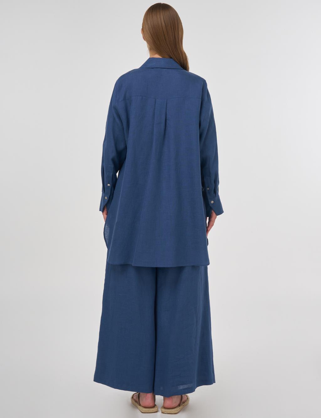 100% Linen Hotfix Printed Tunic Indigo