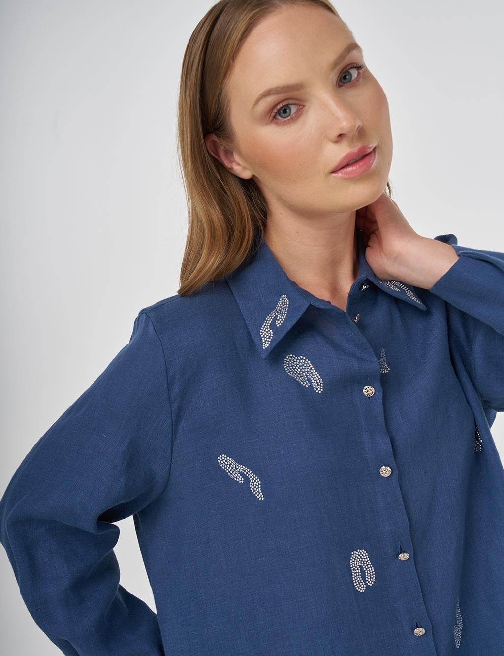 100% Linen Hotfix Printed Tunic Indigo