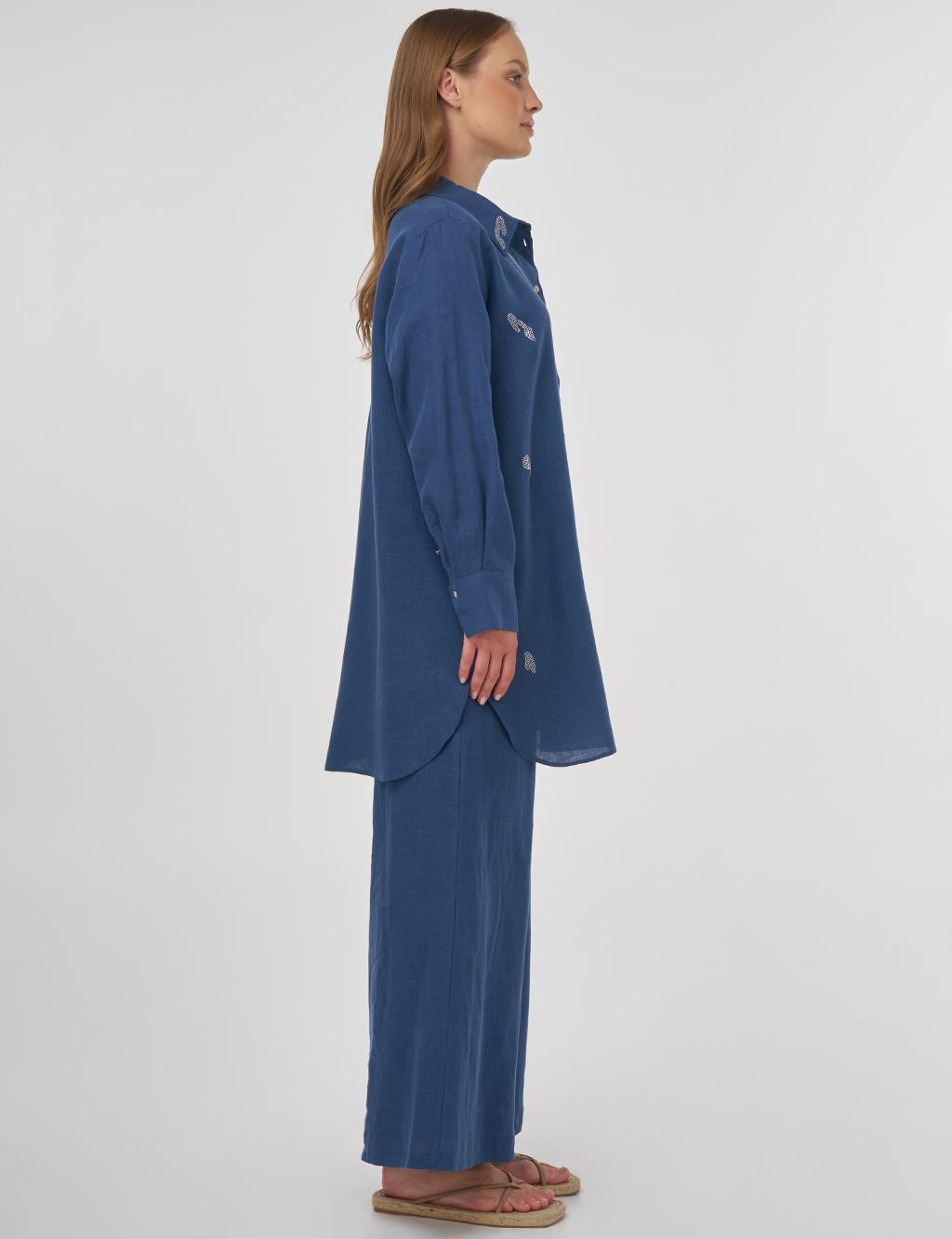 100% Linen Hotfix Printed Tunic Indigo