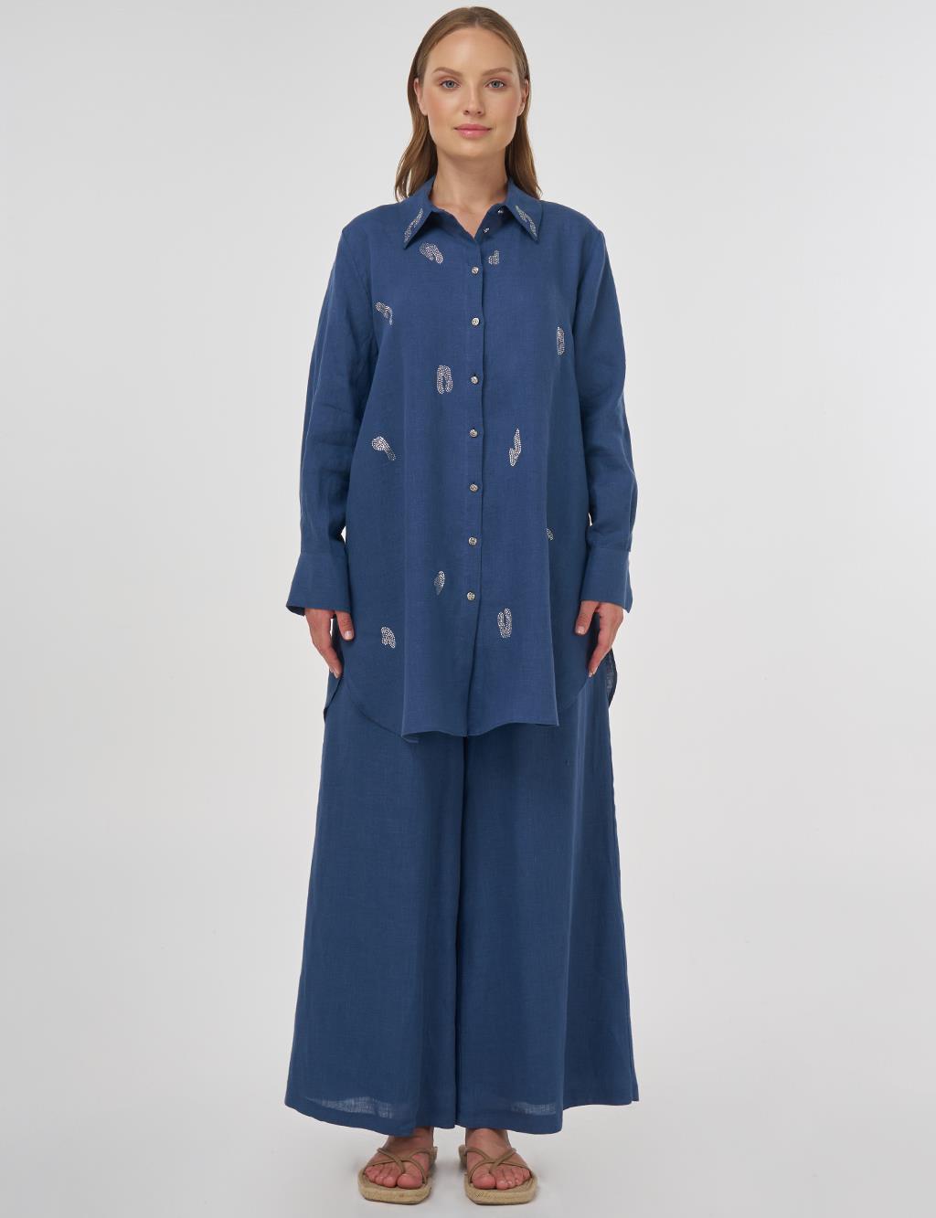 100% Linen Hotfix Printed Tunic Indigo